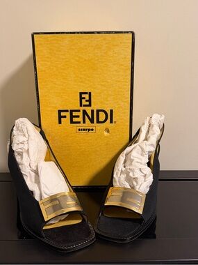Fendi Women’s Black Open-Toe Heels with Gold Accent